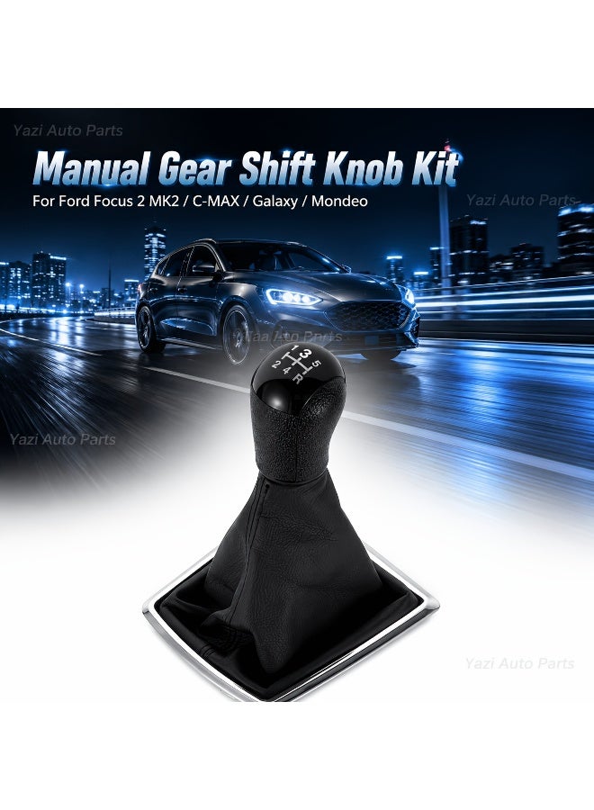 طقم مقبض وغطاء ذراع ناقل الحركة اليدوي لسيارات Ford Focus II MK2/FL وC-MAX موديلات 2006-2011، جلد صناعي أسود وفضي - Image 5