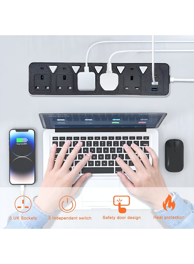 PowerMax Extension 5-Socket, 2-USB, 1-Type-C Power Strip with Individual Switches – 2000W, 5M Cable, Wall-Mountable - Image 2