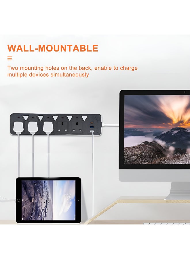 PowerMax Extension 5-Socket, 2-USB, 1-Type-C Power Strip with Individual Switches – 2000W, 5M Cable, Wall-Mountable - Image 3