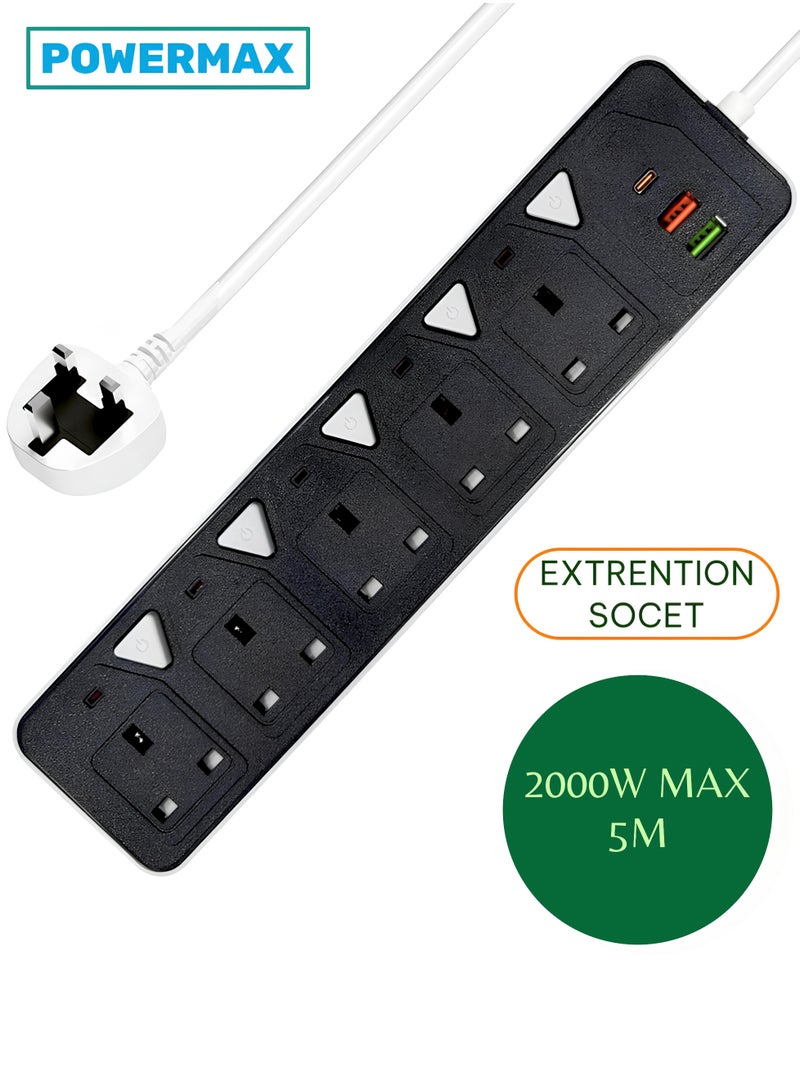 PowerMax Extension 5-Socket, 2-USB, 1-Type-C Power Strip with Individual Switches – 2000W, 5M Cable, Wall-Mountable - Image 1