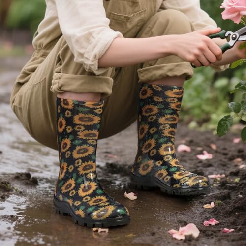 Asgard Women's Mid Calf Rain Boots Short Waterproof Garden Shoes Flower Print Sunflowers 39 (8.5) - Image 2