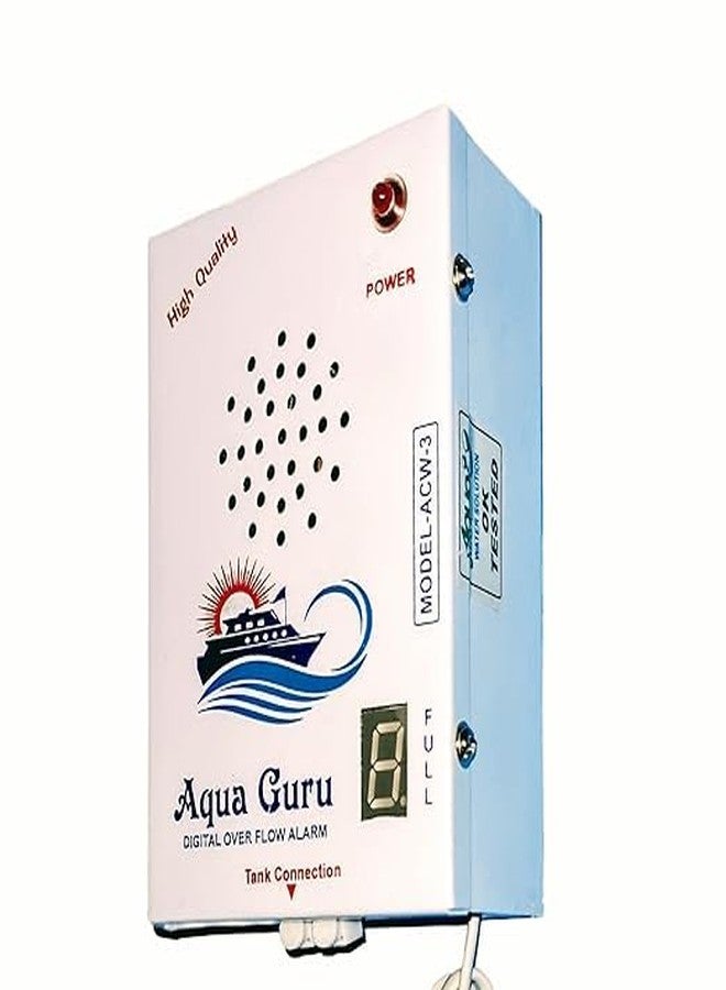 جهاز إنذار فيضان خزان المياه Aqua Guru (شاشة رقمية) - هيكل معدني أبيض - طقم كامل مع سلك بطول 15 مترًا + حساس | صوت بشري واضح باللغتين الهندية والإنجليزية، جرس إنذار لخزان المياه، ضمان شامل لمدة عام - Image 2