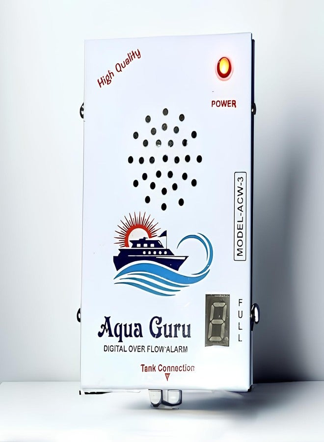 جهاز إنذار فيضان خزان المياه Aqua Guru (شاشة رقمية) - هيكل معدني أبيض - طقم كامل مع سلك بطول 15 مترًا + حساس | صوت بشري واضح باللغتين الهندية والإنجليزية، جرس إنذار لخزان المياه، ضمان شامل لمدة عام - Image 3