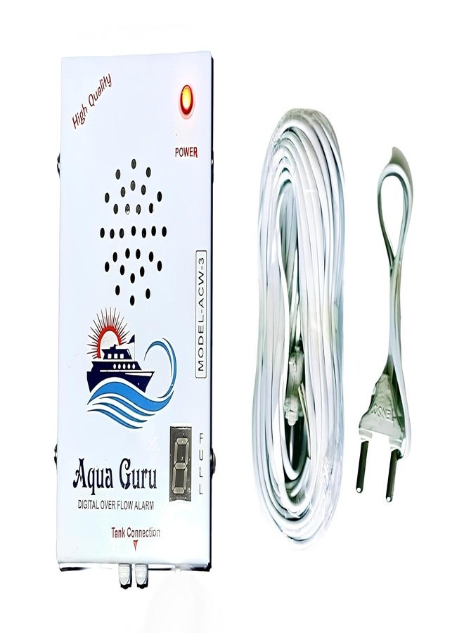 جهاز إنذار فيضان خزان المياه Aqua Guru (شاشة رقمية) - هيكل معدني أبيض - طقم كامل مع سلك بطول 15 مترًا + حساس | صوت بشري واضح باللغتين الهندية والإنجليزية، جرس إنذار لخزان المياه، ضمان شامل لمدة عام - Image 1