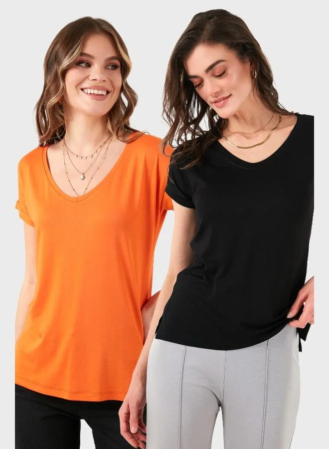 Lela Lela V-Neck Relaxed Fit Slit Detailed 2-Pack Blouse Women's BLOUSE 5862000S2