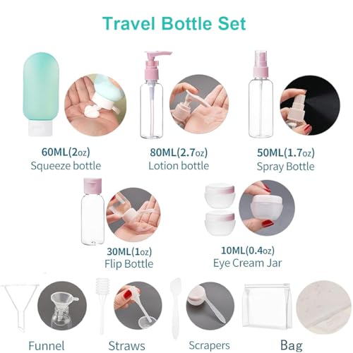 MAYCREATE® 11Pcs Travel Bottle Kit for Toiletries Empty Leak Proof Refillable Squeezable Containers Set Travel Toiletry Bottles Kit Spray Bottles Cream Jars Dispenser Set for Shampoo, Lotion - Image 2