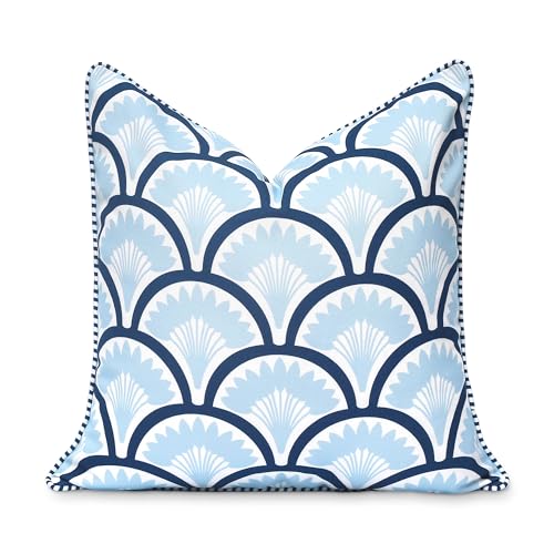 Hofdeco Premium Coastal Patio Indoor Outdoor Throw Pillow Cover Only 20x20 Water Repellent for Backyard Couch Baby Blue Navy Print Tropical Ravenala Palm Tree - Image 1