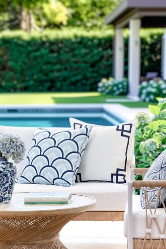 Hofdeco Premium Coastal Patio Indoor Outdoor Throw Pillow Cover Only 20x20 Water Repellent for Backyard Couch Baby Blue Navy Print Tropical Ravenala Palm Tree - Image 3