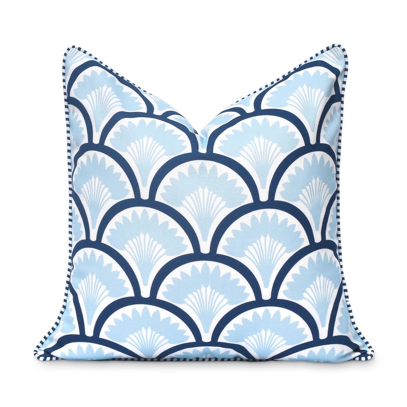 Hofdeco Premium Coastal Patio Indoor Outdoor Throw Pillow Cover Only 20x20 Water Repellent for Backyard Couch Baby Blue Navy Print Tropical Ravenala Palm Tree - Image 2