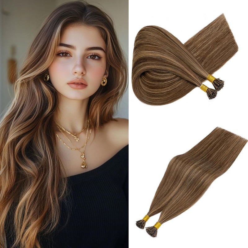 Rich Choices I Tip Hair Extensions Human Hair100 Strands 05gStrands100 Real Remy Human Hair Extension Pre Bonded Keratin Stick In 16 Inch 4P27 Medium Brown Highlight Dark Blonde