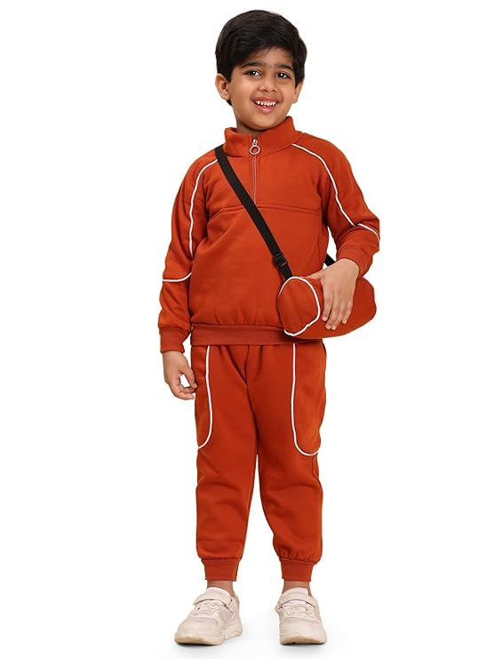 Ameeha Kids Winter Tracksuit Set Half-Zip Jacket and Joggers with Sling Bag (IN, Age, 4 Years, 5 Years, Orange) - Image 1