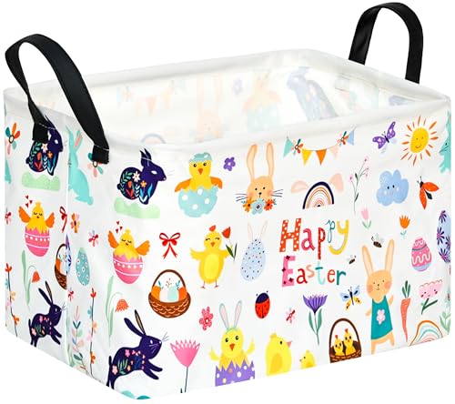 FUULOXE Rectangular Easter Basket Storage Bin for Shelves Cute Gifts Baskets Foldable Box with Handles for Boy and Girl Home Office Car Dormroom Easter Party Supplies - Image 1