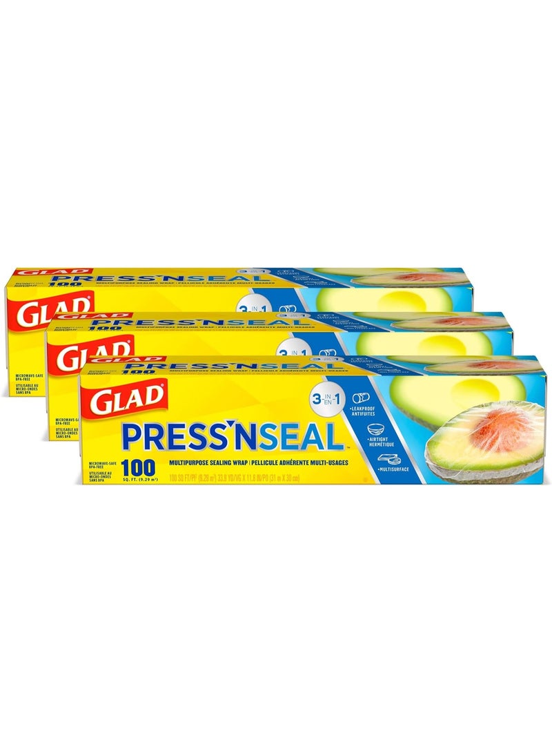 Glad Press'N Seal Plastic Food Wrap, 100 Square Foot Roll, Pack of 3, (Package May Vary) - Image 1