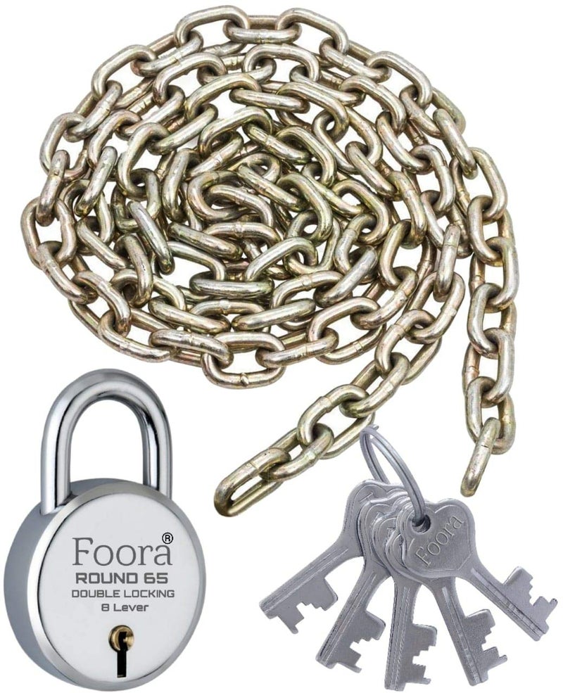 Foora Iron Lock - Double Locking Round 65 Lock with 5 Keys, 3 Feet Silver, Iron, with Chain, Chain with Lock - Image 1