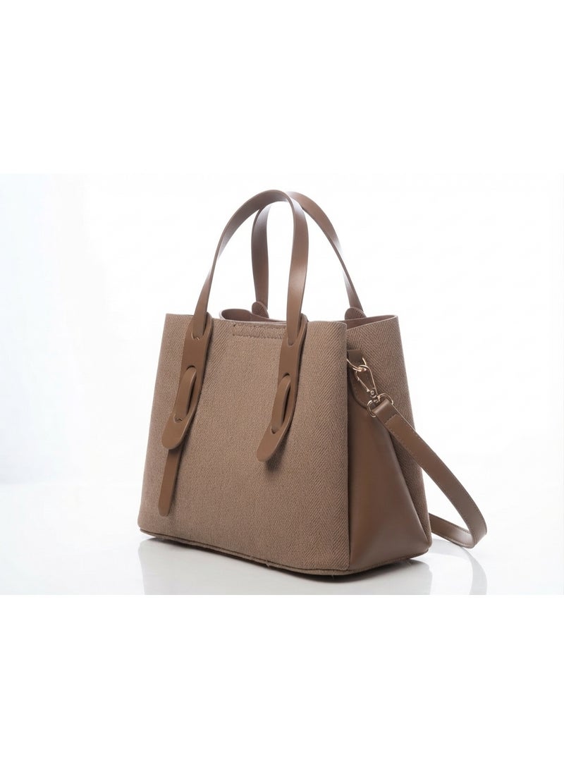 Women's Taupe Herringbone Handbag with Brown Leather Straps and Adjustable Shoulder Strap - Image 3