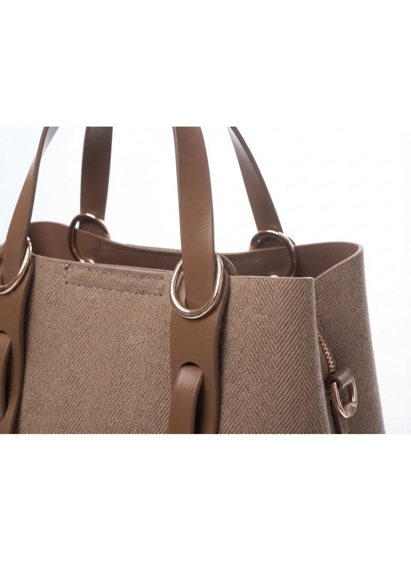 Women's Taupe Herringbone Handbag with Brown Leather Straps and Adjustable Shoulder Strap - Image 2