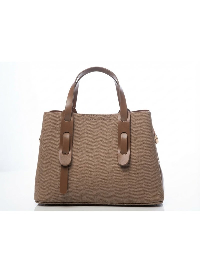 Women's Taupe Herringbone Handbag with Brown Leather Straps and Adjustable Shoulder Strap - Image 1