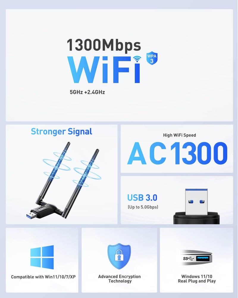 Nineplus USB WiFi Adapter for Desktop PC - 1300Mbps Wi-Fi 5G 2.4G USB 3.0 Wireless Adapter with WiFi Antenna for Win11/10/7 WiFi Dongle for Desktop PC Laptop Internet Network Wi-Fi Card - Image 2