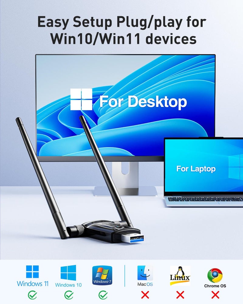 Nineplus USB WiFi Adapter for Desktop PC - 1300Mbps Wi-Fi 5G 2.4G USB 3.0 Wireless Adapter with WiFi Antenna for Win11/10/7 WiFi Dongle for Desktop PC Laptop Internet Network Wi-Fi Card - Image 5