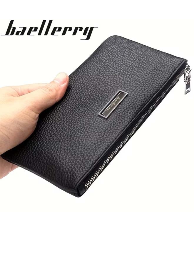 baellerry 1pc Men'S First Layer Cowhide Super Large Capacity Mobile Phone Wallet, Genuine Leather Lychee Pattern Business Wallet, Easy And Practical Men'S Bag, Large Capacity Zipper Wallet, One Bag for Mobile Phone, Cash, Bank Cards - Image 1
