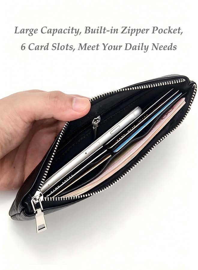 baellerry 1pc Men'S First Layer Cowhide Super Large Capacity Mobile Phone Wallet, Genuine Leather Lychee Pattern Business Wallet, Easy And Practical Men'S Bag, Large Capacity Zipper Wallet, One Bag for Mobile Phone, Cash, Bank Cards - Image 3