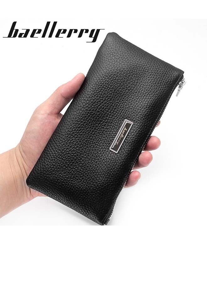 baellerry 1pc Men'S First Layer Cowhide Super Large Capacity Mobile Phone Wallet, Genuine Leather Lychee Pattern Business Wallet, Easy And Practical Men'S Bag, Large Capacity Zipper Wallet, One Bag for Mobile Phone, Cash, Bank Cards - Image 2