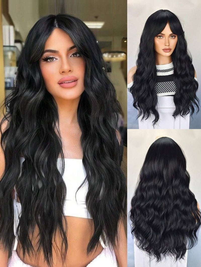 Women's Long Black & Brown Water Wave Synthetic Wig with Bangs, Heat Resistant Curly Wavy Hair Wig for Daily Wear and  Parties