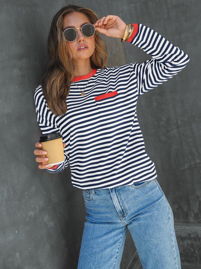 LILLUSORY Womens Sweaters 2025 Early Fall Fashion Must Have Clothes Outfits Striped Lightweight Oversized Ladies Cute Teacher Work Office Pullover Crewneck Long Sleeve Trendy Old Money Tops Clothing - Image 2