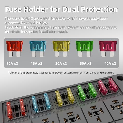 DaierTek Relay Box 12V 10 Way Relay Block and 10 Way ATC/ATO Blade Fuse Panel Pre-Wired Dustproof Fuse Relay Box for Automotive Car Marine Boat - Image 4