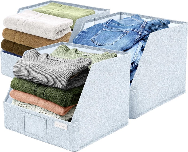 VIVIDECOR Trapezoid Storage Bins – 12"x12"x10"x 4" Closet Shelf Organizer & Baskets, Fabric Storage Baskets, Collapsible Organizer Boxes for Towels, Baby Clothes, Spring Wardrobes – Light Blue, 3 Pack - Image 1