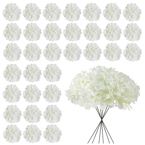 Cherica White Hydrangea Artificial Flowers Bulk 30 Pcs Faux Hydrangea Flowers Heads Artificial Fake Silk Hydrangea Flowers with Stems White Flowers Artificial for Decoration Wedding Dcor - Image 1