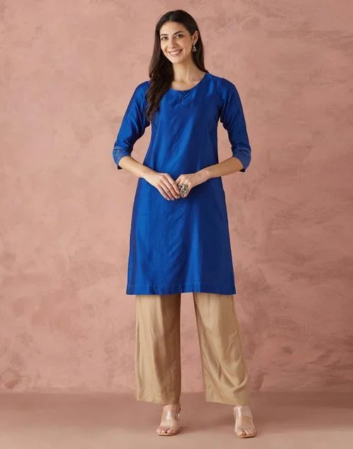 Fabindia Blue Cotton Silk Embroidered Knee Length Kurta