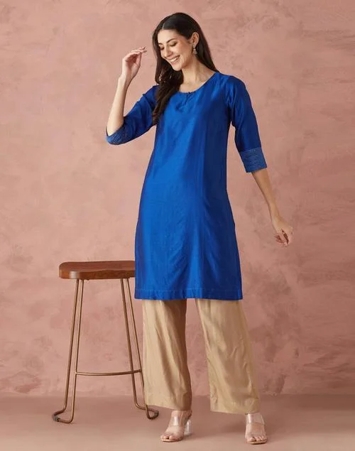 Fabindia Blue Cotton Silk Embroidered Knee Length Kurta