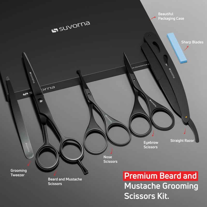 Suvorna Premium Beard & Mustache Set with Beard scissors for men, Straight Razor with blades- Facial Hair/Nose/Eyebrow Scissors - Slant Tweezers (6 Pcs Black) - Image 2