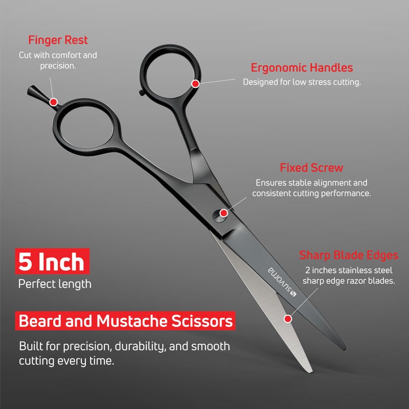 Suvorna Premium Beard & Mustache Set with Beard scissors for men, Straight Razor with blades- Facial Hair/Nose/Eyebrow Scissors - Slant Tweezers (6 Pcs Black) - Image 3