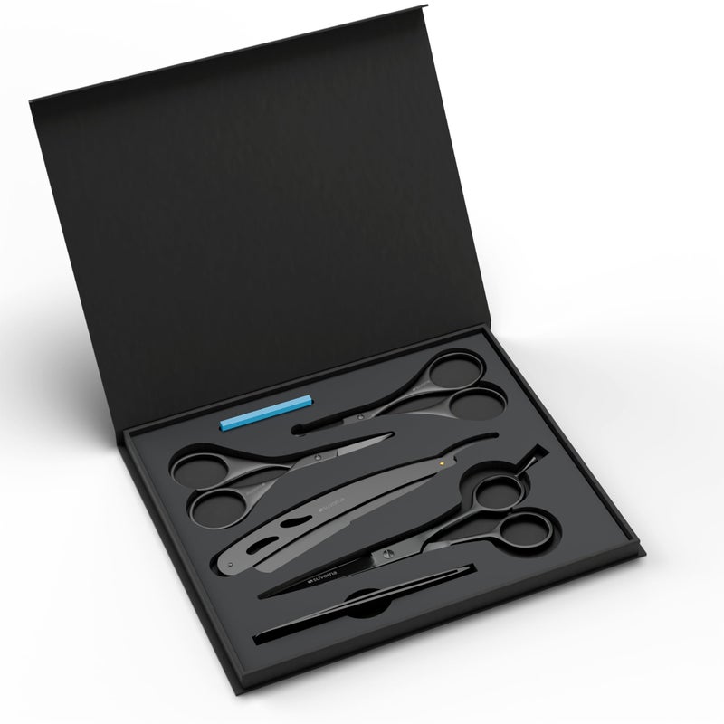 Suvorna Premium Beard & Mustache Set with Beard scissors for men, Straight Razor with blades- Facial Hair/Nose/Eyebrow Scissors - Slant Tweezers (6 Pcs Black) - Image 1