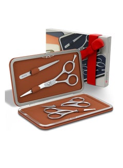 Suvorna Premium Beard & Mustache Scissors Set/Kit with Beard scissors for men - Grooming Scissors men/Facial Hair Scissors/Nose scissors - Eyebrow Scissors - Slant Tweezers (4 Pcs Brown)  - Image 1