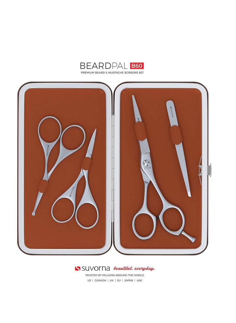 Suvorna - Premium Beard & Mustache Scissors Set/Kit with Beard scissors for men - Grooming Scissors men/Facial Hair Scissors/Nose scissors - Eyebrow Scissors - Slant Tweezers (4 Pcs Brown) - Image 1