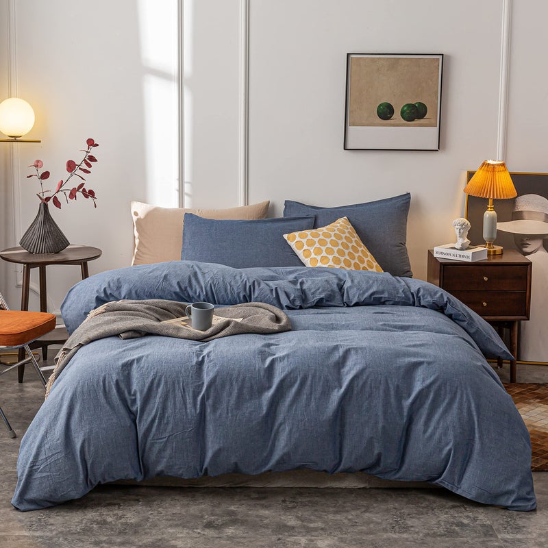 Janlive Washed Cotton Duvet Cover King Ultra Soft 100 Cotton Solid Color Navy Blue Duvet Cover Set with Zipper Closure 3 Pieces Navy Blue King