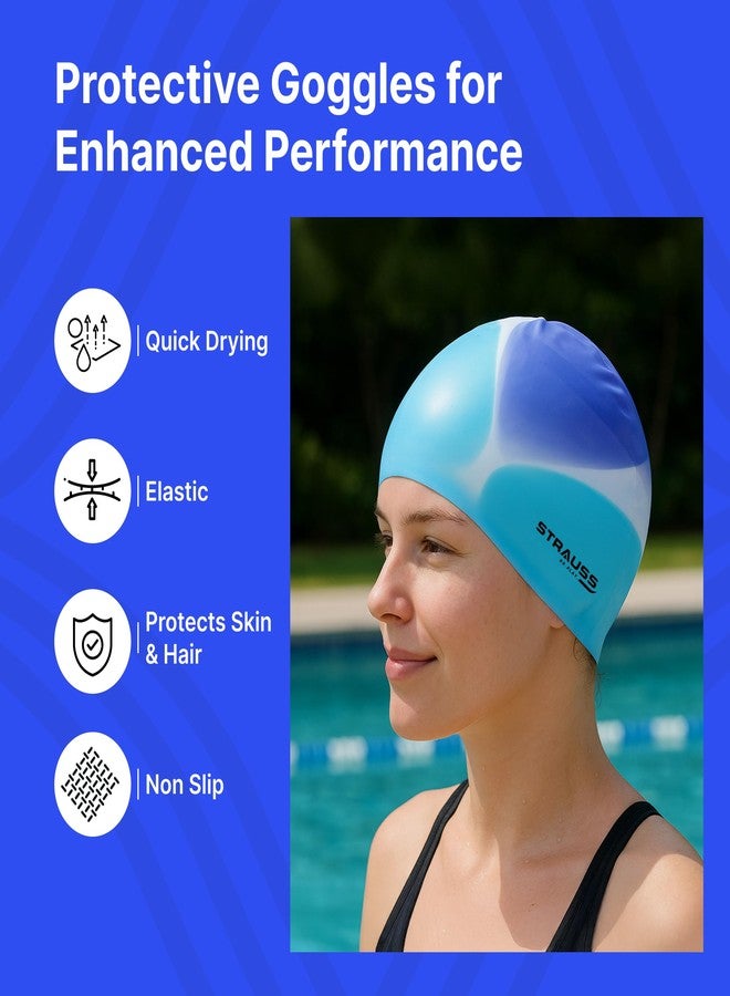 Strauss Latest Designed Swimming Cap | Keeps Hair Clean with Ear Protector | Suitable for Long and Short Hair | Swimming Head Cap with Breathable Fabric | Swim Cap for Adult,(Multicolor Blue) - Image 3