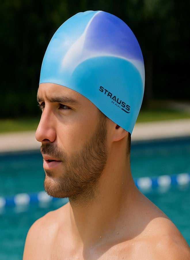 Strauss Latest Designed Swimming Cap | Keeps Hair Clean with Ear Protector | Suitable for Long and Short Hair | Swimming Head Cap with Breathable Fabric | Swim Cap for Adult,(Multicolor Blue) - Image 2