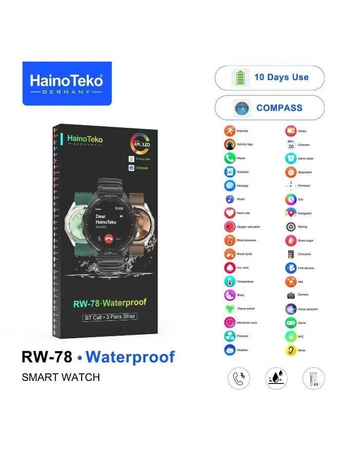 Haino Teko RW-78 Smart Watch With AMOLED Display Bluetooth Calling Fitness Tracker Heart Rate Sleep Monitor Multi Sports Modes 10-Day Battery Waterproof 3 Interchangeable Straps Black - Image 2