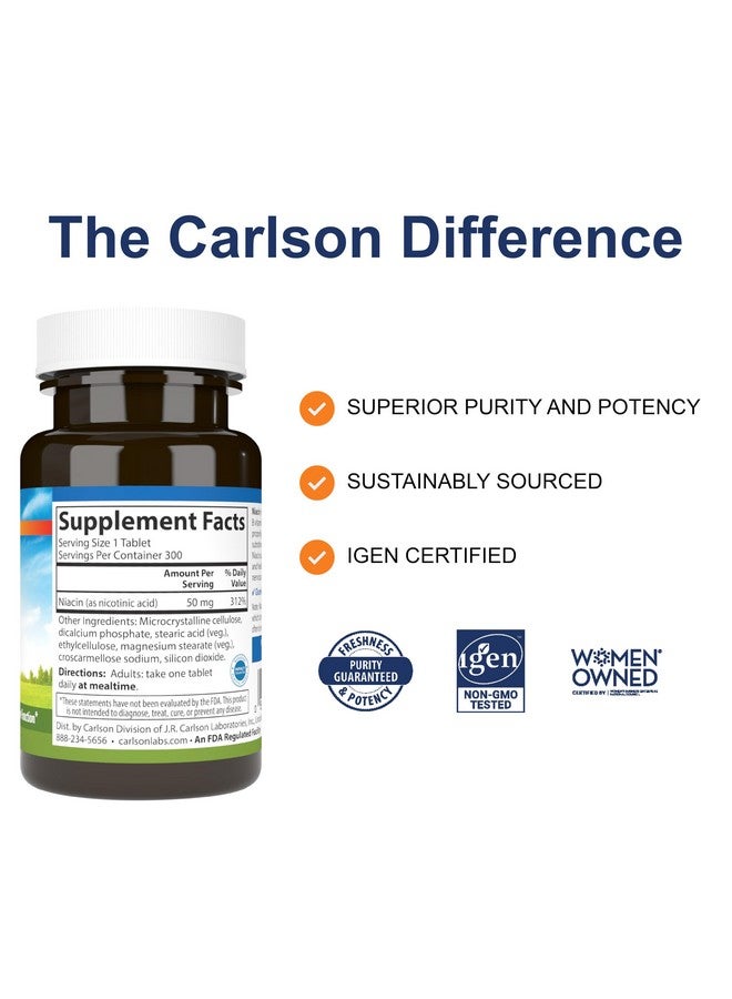Carlson - Niacin, 50 mg, Supports Cholesterol Metabolism, Energy Production, Heart Health, Nerve Function, 300 Tablets - Image 2