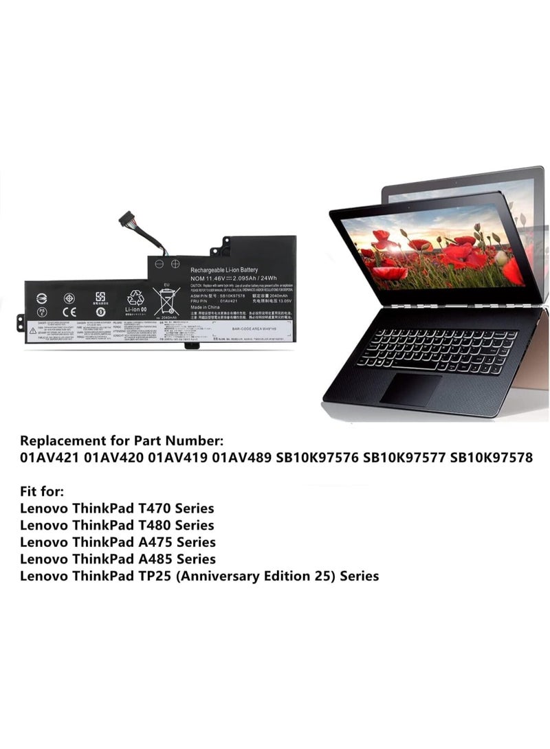 11.46V 24Wh/2095mAh 01AV421 01AV489 SB10K97576 Laptop Battery Compatible for Lenovo ThinkPad T470 A475 T480 A485 TP25 Series T470 A475 T480 A485 TP25 Series - Image 2