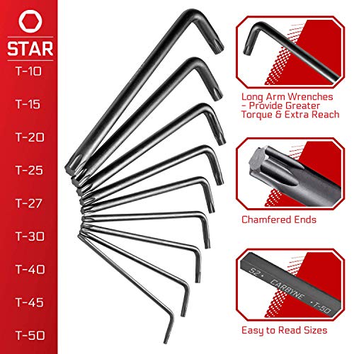 Carbyne 9-Piece Long Arm Torx Wrench Set (Torx Key Set/Star Wrench Set). Includes T-10 to T-50. Heat Treated S2 Steel - Image 3