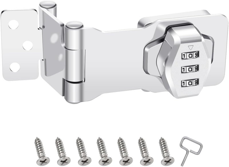 KIBBEH 1 Pack Password Rotary Hasp Locks, Collapsible Solid 304 Stainless Steel File Cabinet Lock Desk Drawer Lock, for 90 Degree and 180 Degree Drawers, Dabinets, Doors, Flip Barn Door, Outdoor (White) - Image 1