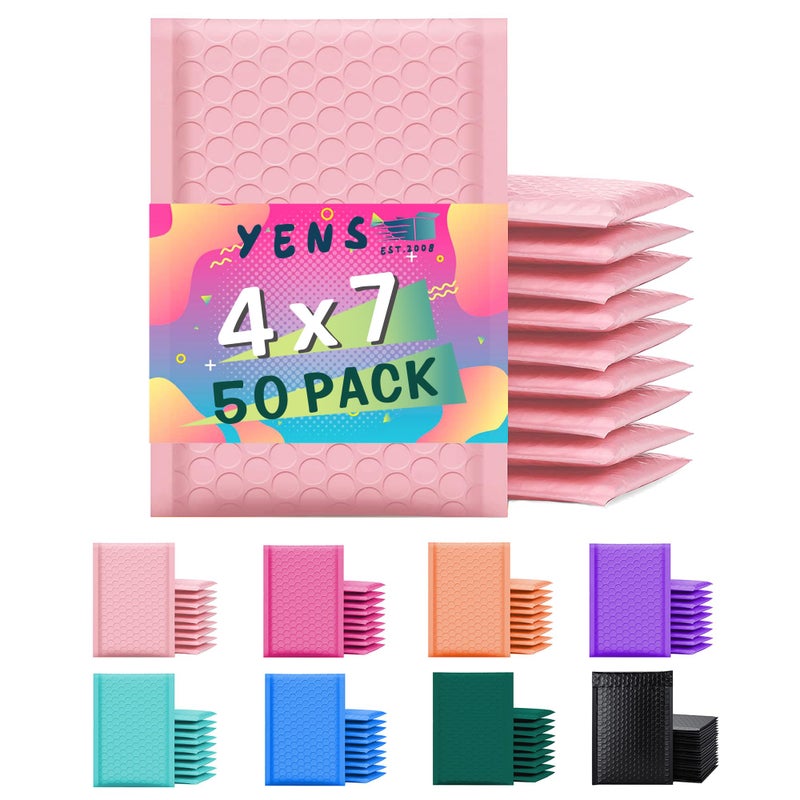 Yens Poly Bubble Mailers 4x8 50 Pack Light Pink Waterproof Self Seal Adhesive Shipping Bags, Cushioning Padded Envelopes for Shipping, Mailing, Packaging Usable 4x7 - Image 1