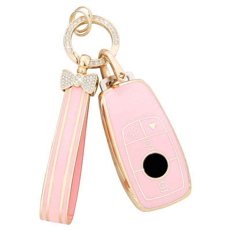 PIFOOG Key Fob Cover for Mercedes Benz Pink Gold Bling Keychain 4 Button Car Keys Case Shell Accessories Protector for Mercedes Benz C300 CLA A E G S Class AMG GLC GLE GLA GLB GLS Girly Women TPU