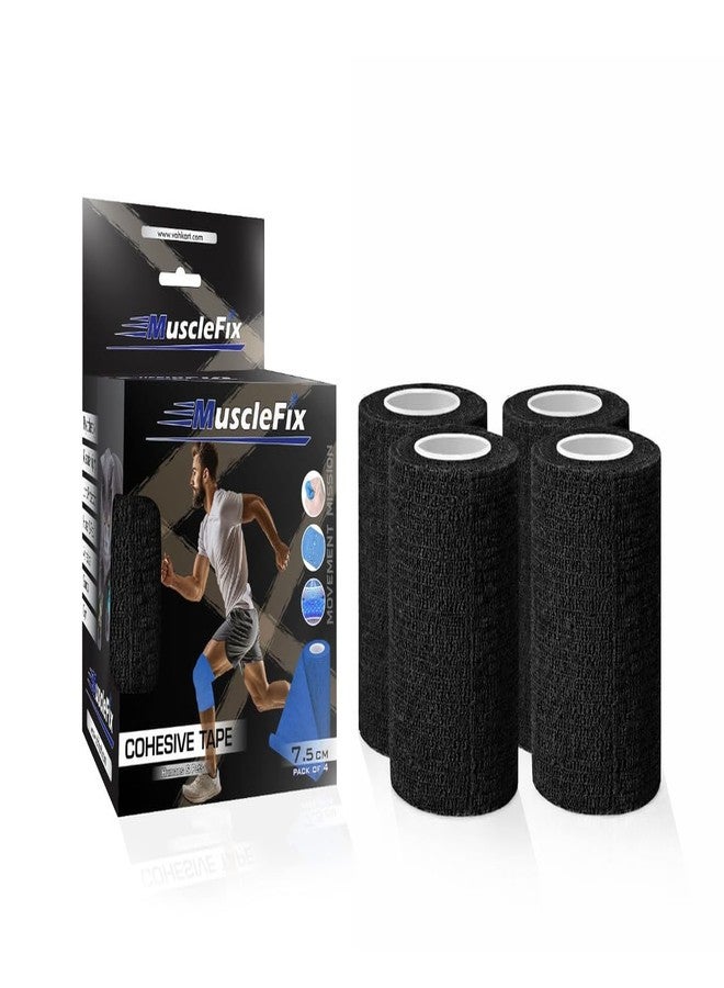 MuscleFix First Aid Wrap – Breathable Self-Adhesive Bandage for Injury, Swelling, and Sports Support (7.5cm x 4.5m, Pack of 4) (Black) - Image 1