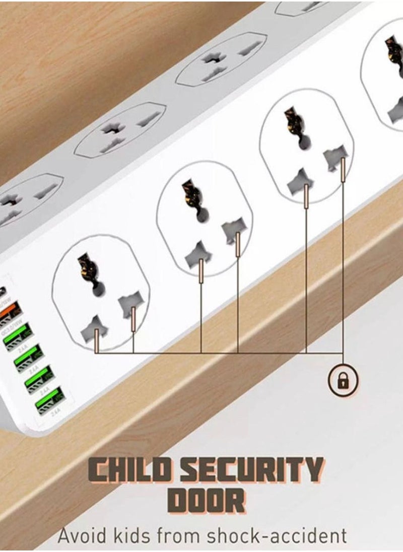 Power Strip Cord with 10 Anti Static Sockets, 5 USB Ports, 1 Type-C Port, 2 Meter Length, Black BK6888